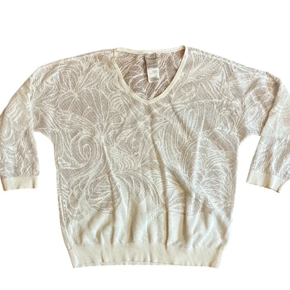 Chico’s Lightweight Jacquard White Sweater Size 1 Medium Lace Beach